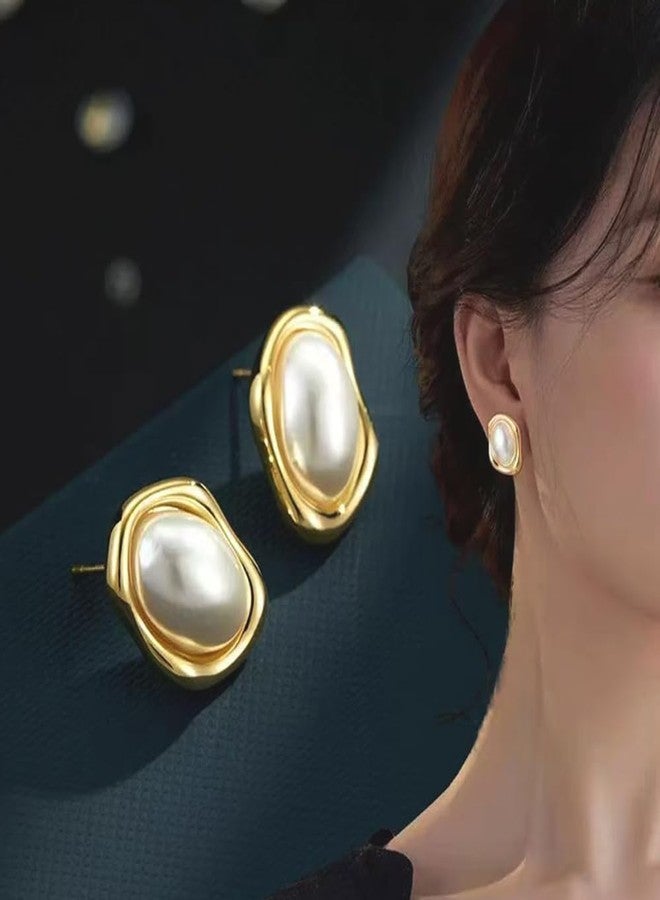 GZJOGO أقراط GZJOGO الذهبية المرصعة باللؤلؤ للنساء، عصرية، بتصميم هندسي، مضادة للحساسية، أقراط مميزة، مرصعة بلؤلؤ كبير الحجم، هدية مجوهرات عتيقة للنساء - Image 5